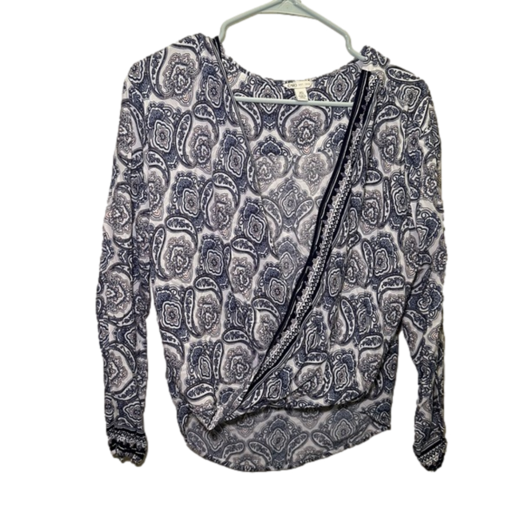 𝅺Cato Women's Long Sleeve Blue Paisley Print Mock Wrap Top Size XSmall